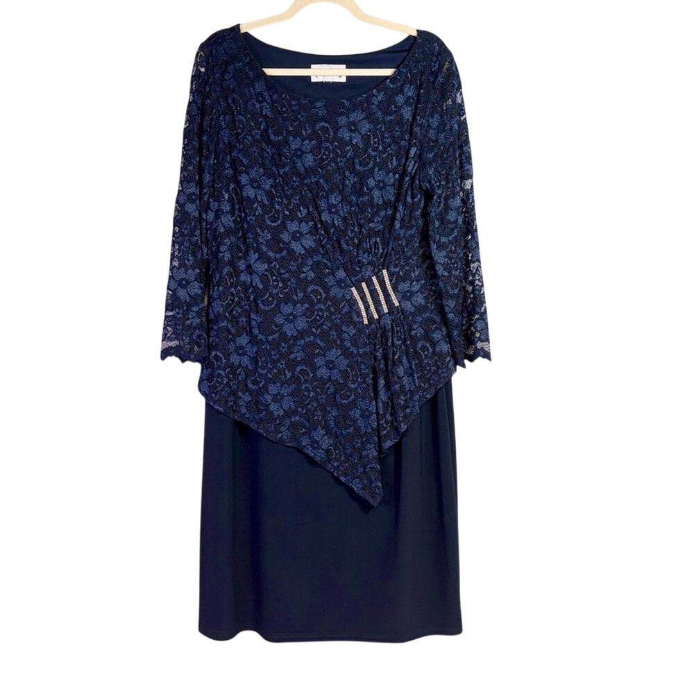 Joseph Ribkoff Elegant Navy Lace Overlay Gown Size XL Y0494
